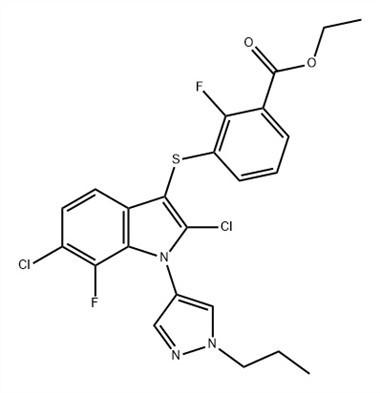 Benzoic Acid, 3-[[2,6-dichloro-7-fluoro-1-(1-propyl-1H-pyrazol-4-yl)-1H-indol-3-yl]thio]-2-fluoro-, Ethyl Ester (ACI) CAS No.: 1782070-79-4