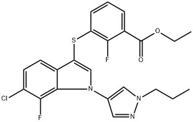 Benzoic Acid, 3-[[6-chloro-7-fluoro-1-(1-propyl-1H-pyrazol-4-yl)-1H-indol-3-yl]thio]-2-fluoro-, Ethyl Ester (ACI) CAS No.: 1782070-73-8